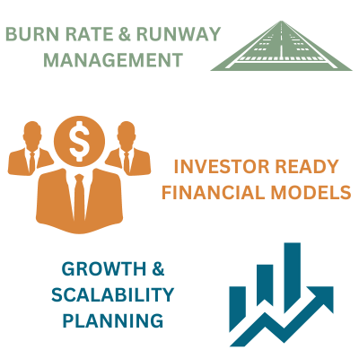 burn rate and runway management, investor ready financial models, growth and scalability planning