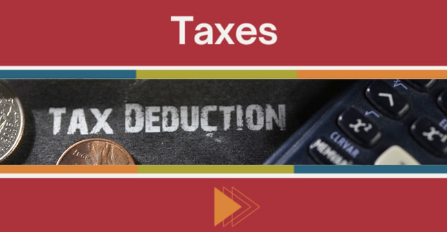 image of a calculator next to money and a sign that says tax deduction